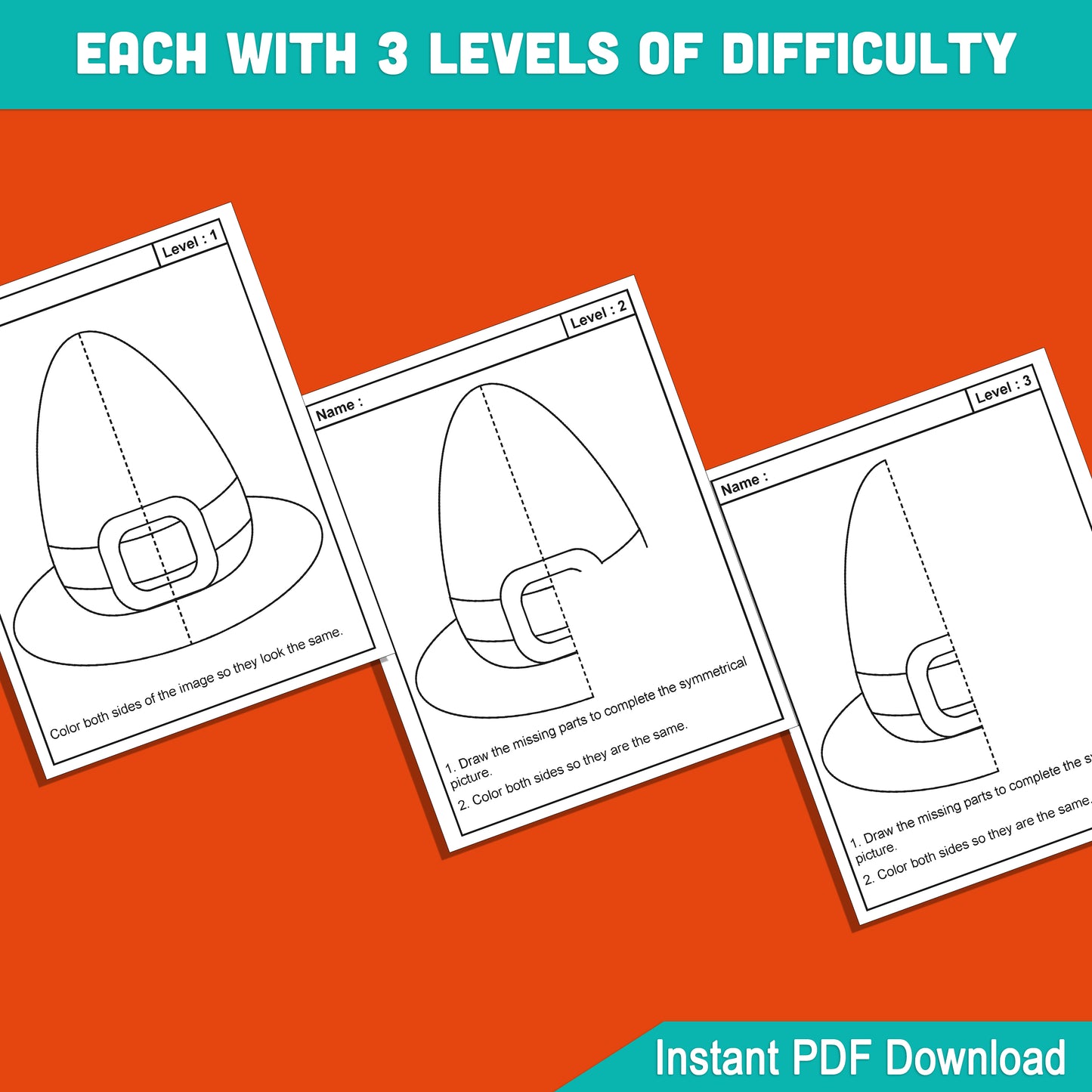 Thanksgiving Symmetry Worksheets: 24 Pages of Fun Lines of Symmetry Activities with 8 Engaging Designs, 3 Difficulty Levels, Instant Download