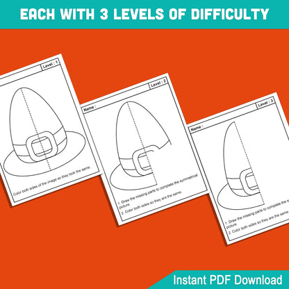 Thanksgiving Symmetry Worksheets: 24 Pages of Fun Lines of Symmetry Activities with 8 Engaging Designs, 3 Difficulty Levels, Instant Download