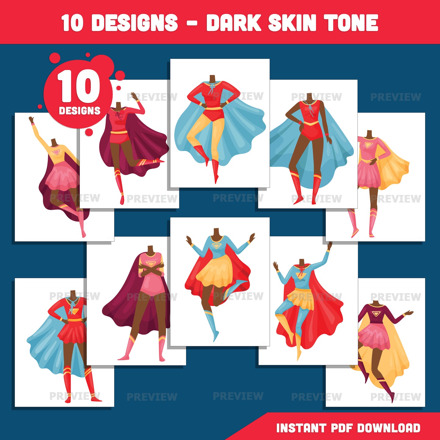 Female Superhero Body Cutouts – Create Your Own Heroine Add Your Face Crafts, 10 Unique Designs Light + Dark Skin Tone, Coloring Version Included, PDF + PNG