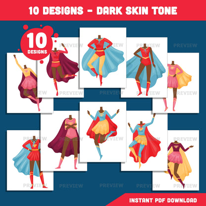 Female Superhero Body Cutouts – Create Your Own Heroine Add Your Face Crafts, 10 Unique Designs Light + Dark Skin Tone, Coloring Version Included, PDF + PNG