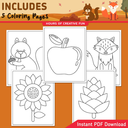Fall Directed Drawing for Kids, Learn to Draw an Apple, Sunflower, Squirrel, Fox & Pinecone, 6-Step Art Activity, 5 Coloring Pages, A4, US Letter