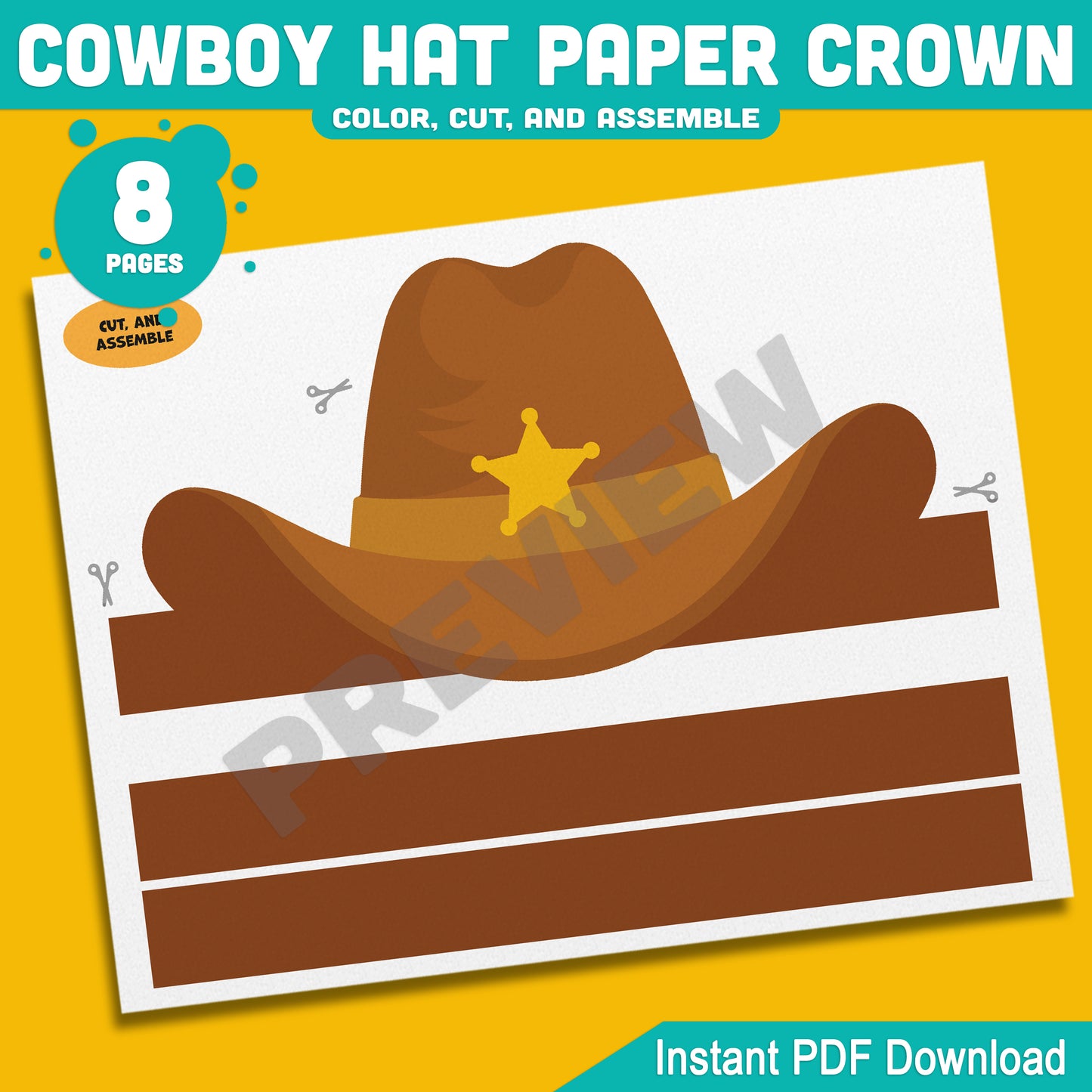 Cowboy and Cowgirl Paper Hat Crowns – Western-Themed Headband Crafts for Kids, 4 Designs, Pre-Colored & Black and White, PDF