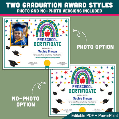 Editable Preschool Graduation Certificate, Printable Rainbow and Star Awards, Diploma or Certificate, PDF and PowerPoint, Photo Options
