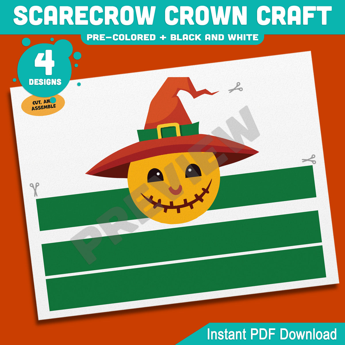 Scarecrow Crown Craft, Fall Paper Crown & Hat Activity, Printable Headband, Pre-Colored and Black & White, Autumn Craft, 4 Designs, A4, US Letter