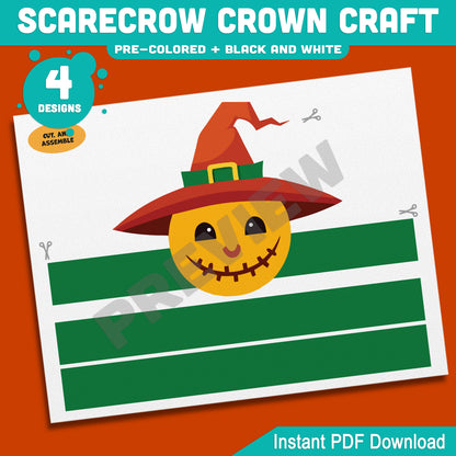 Scarecrow Crown Craft, Fall Paper Crown & Hat Activity, Printable Headband, Pre-Colored and Black & White, Autumn Craft, 4 Designs, A4, US Letter