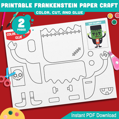 Printable Frankenstein Paper Craft for Preschool, Pre-K, Kindergarten, Fun October Halloween Color Cut and Glue Activity, 2 Pages PDF Download