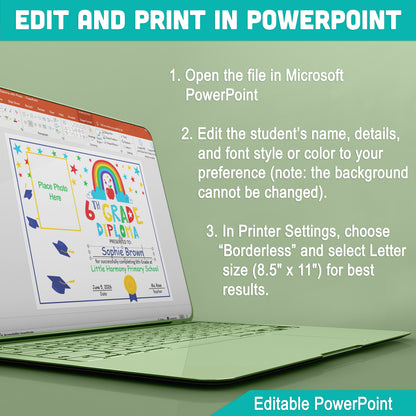 Customizable 6th Grade Diploma Template: Photo-Ready PDF & PowerPoint for Graduation, Milestones, and Recognition Awards, Letter Size