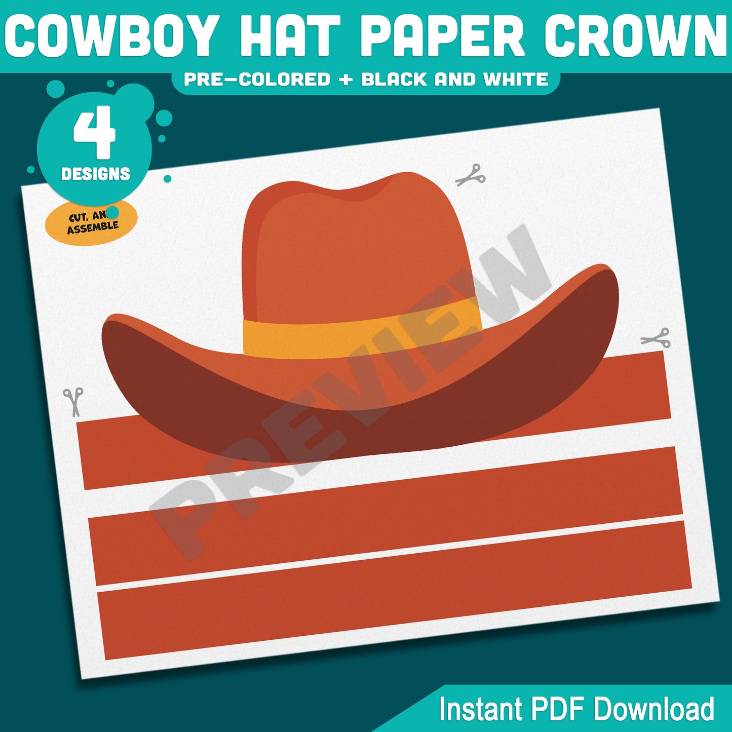 Cowboy Hat Paper Crown Template, Wild West Headband Craft, Western Dress Up for Cowgirl & Cowboy, Back to School Printable