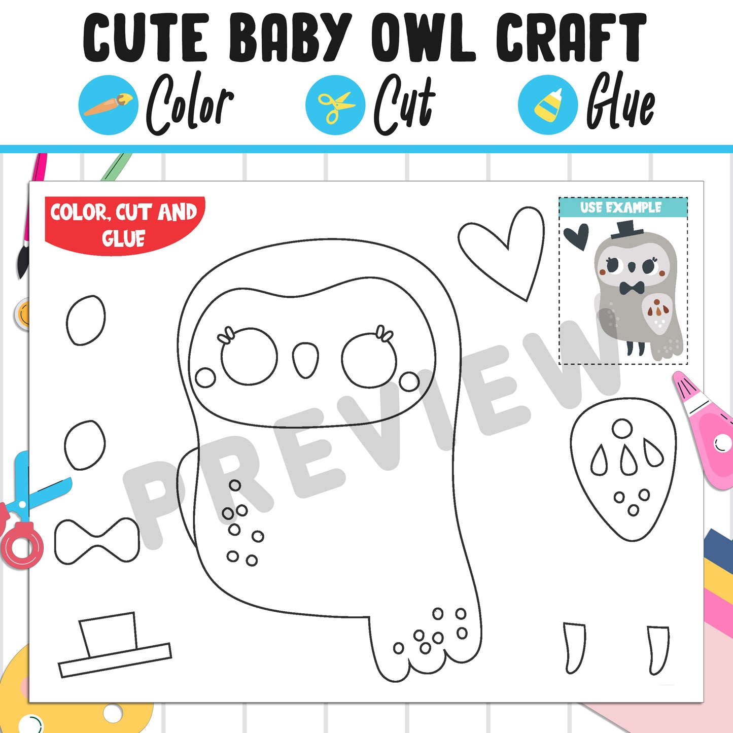 Cute Baby Owl Craft for Kids: Color, Cut, and Glue, a Fun Activity for Pre K to 2nd Grade, PDF Instant Download