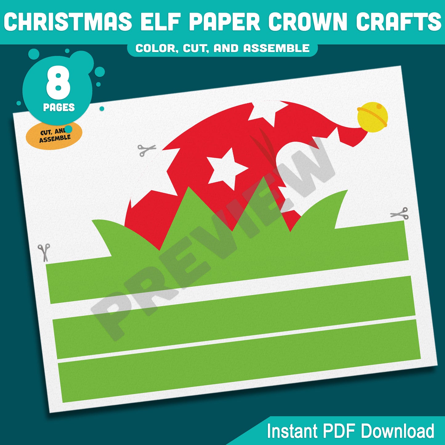 Printable Christmas Elf Paper Crown Crafts, Fun Winter Hat and Headband Activity, Christmas Play Paper Hat to Color, Cut & Assemble, 4 Designs, Pre-color + Black & White, Instant PDF Download