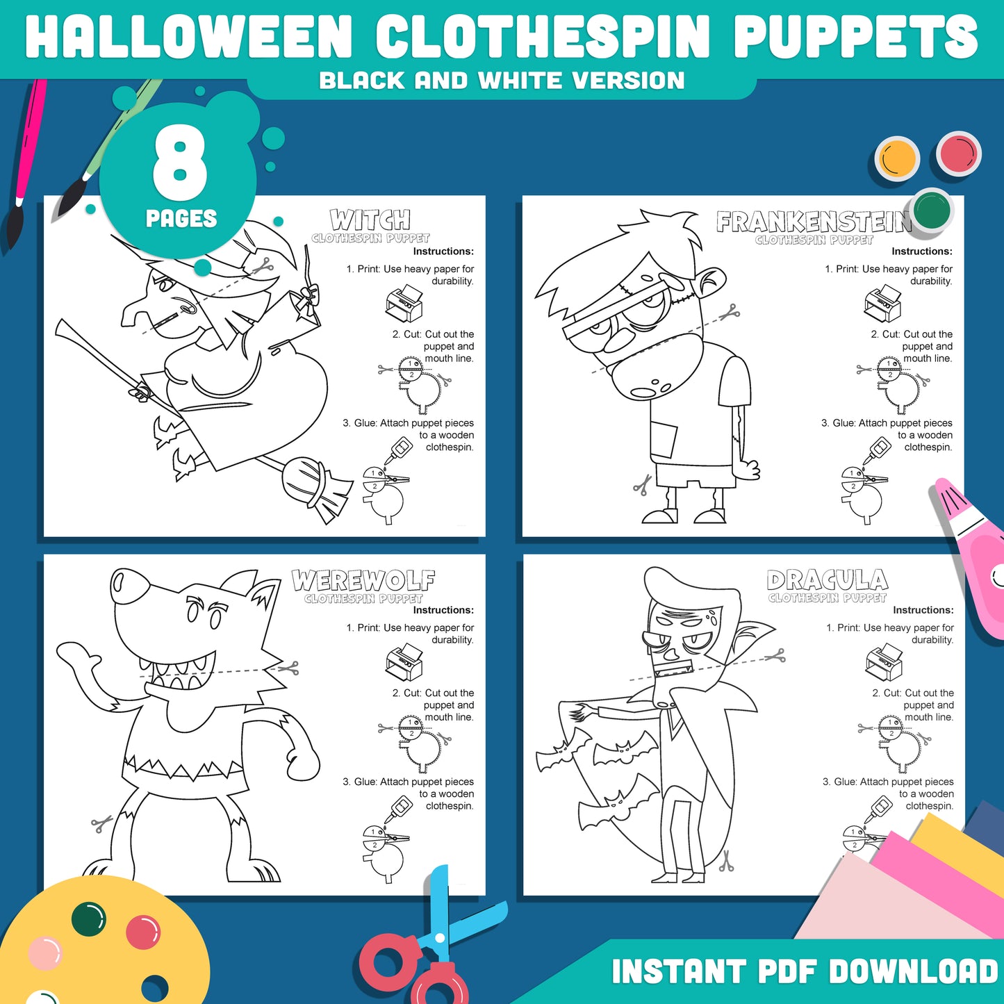 Halloween Clothespin Puppets: 8-Page Kids Printable Craft with 4 Characters, Frankenstein, Witch, Dracula, Werewolf, Black & White + Color PDF