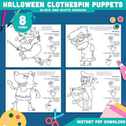 Halloween Clothespin Puppets: 8-Page Kids Printable Craft with 4 Characters, Frankenstein, Witch, Dracula, Werewolf, Black & White + Color PDF