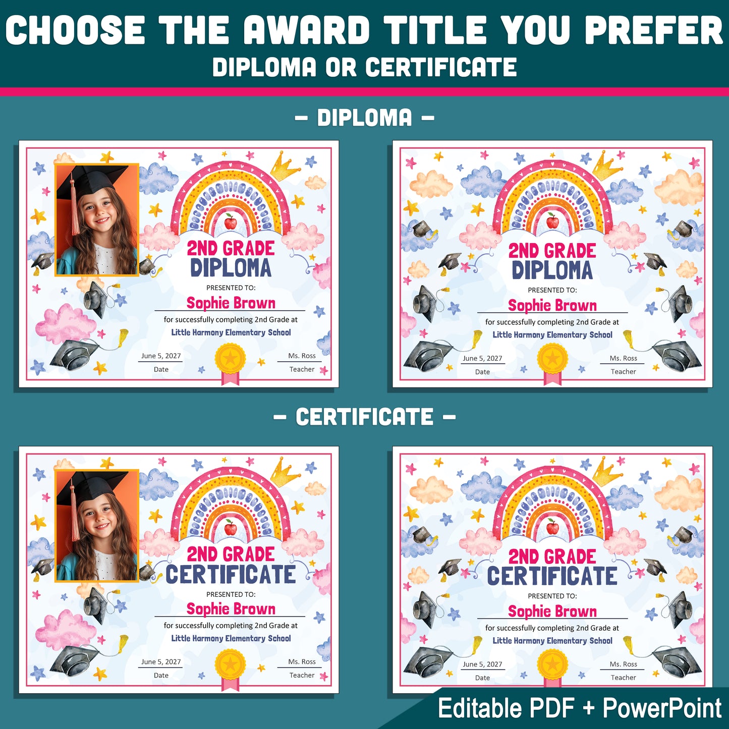 2nd Grade Completion Certificate, Second Grade Rainbow Star Theme, Editable End of Year Awards, Photo and No Photo, PDF and PowerPoint
