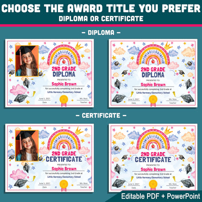 2nd Grade Completion Certificate, Second Grade Rainbow Star Theme, Editable End of Year Awards, Photo and No Photo, PDF and PowerPoint