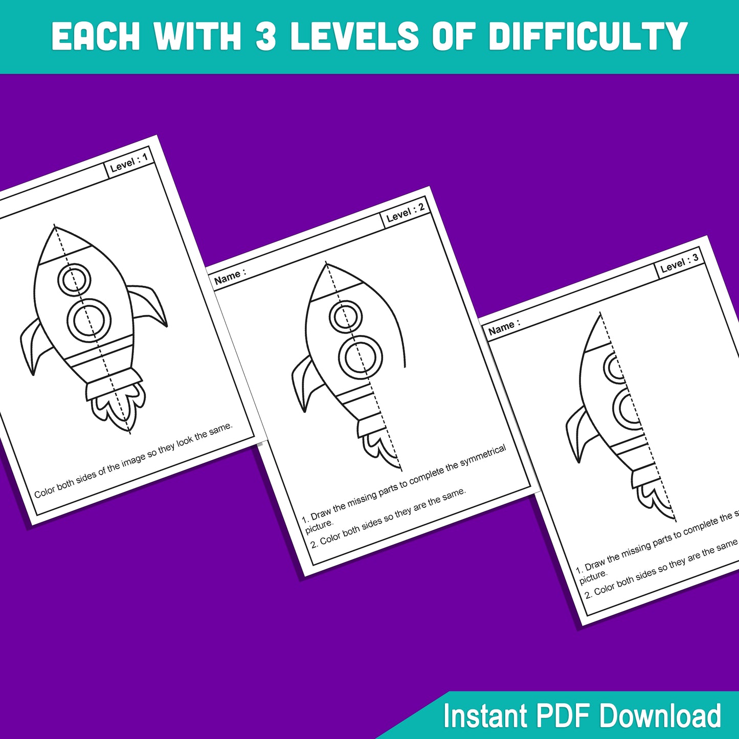 Rocket and Spaceship Symmetry Activity: 24 Pages of Fun Space-Themed Exercises with 8 Cool Designs in 3 Difficulty Levels, Perfect for STEM Learning & Art Time