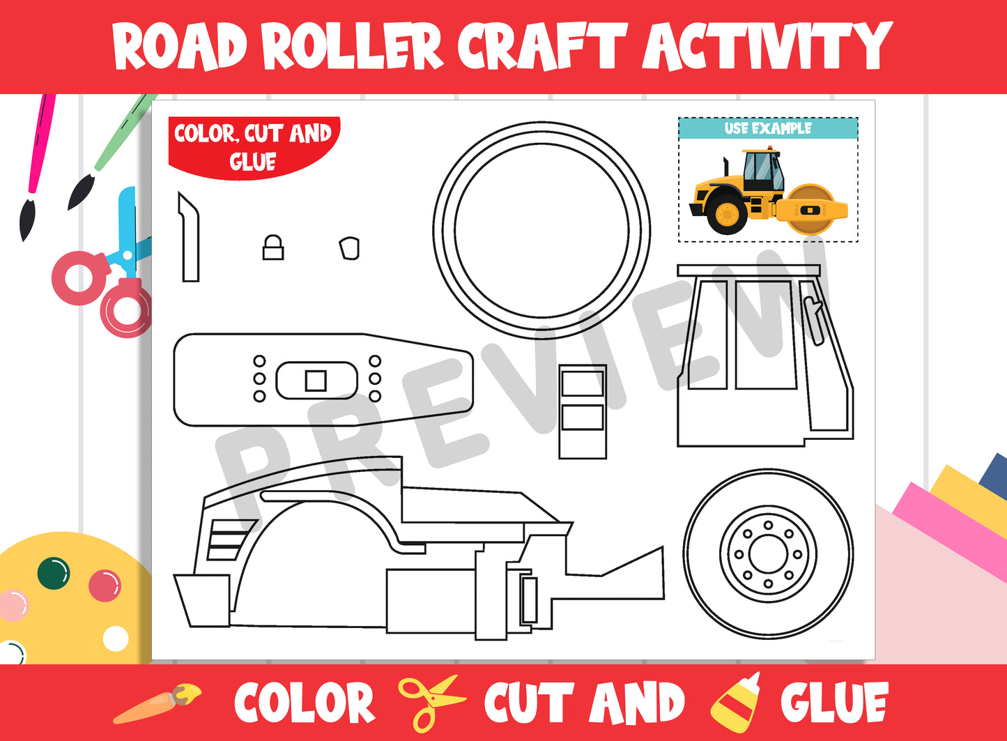 Construction Vehicle Craft Activity - Road Roller : Color, Cut, and Glue for PreK to 2nd Grade, PDF File, Instant Download