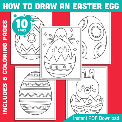 Learn to Draw Easter Eggs: 5 Pages of 6-Step Art Tutorials + 5 Festive Coloring Sheets, Creative Activity for Kids and Beginners, PDF Download