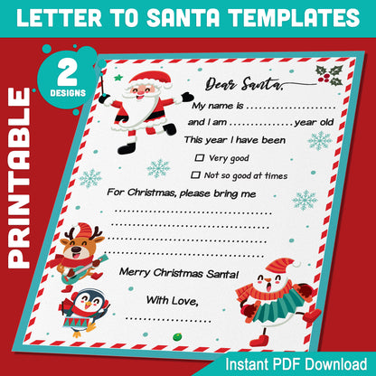 Personalized Letters to Santa: 2 Festive Fill-in-the-Blank Designs, 8.5x11" Print-at-Home Holiday Fun, PDF Download, Ideal for Christmas Wishes