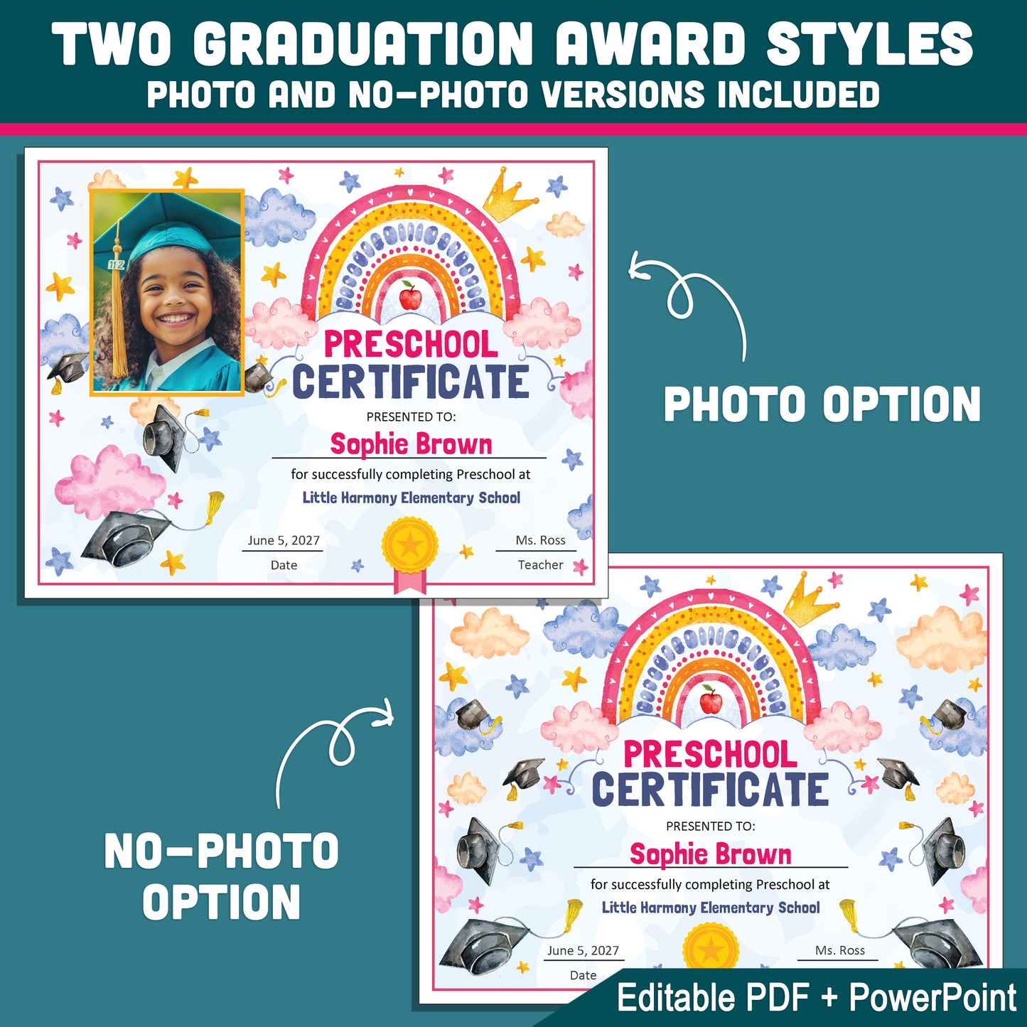 Editable Moving Up Certificate, Any Grade Promotion Award, Pre-K Preschool to 1st–8th & Beyond, PDF PowerPoint Templates, Photo Option