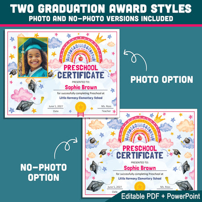 Editable Moving Up Certificate, Any Grade Promotion Award, Pre-K Preschool to 1st–8th & Beyond, PDF PowerPoint Templates, Photo Option