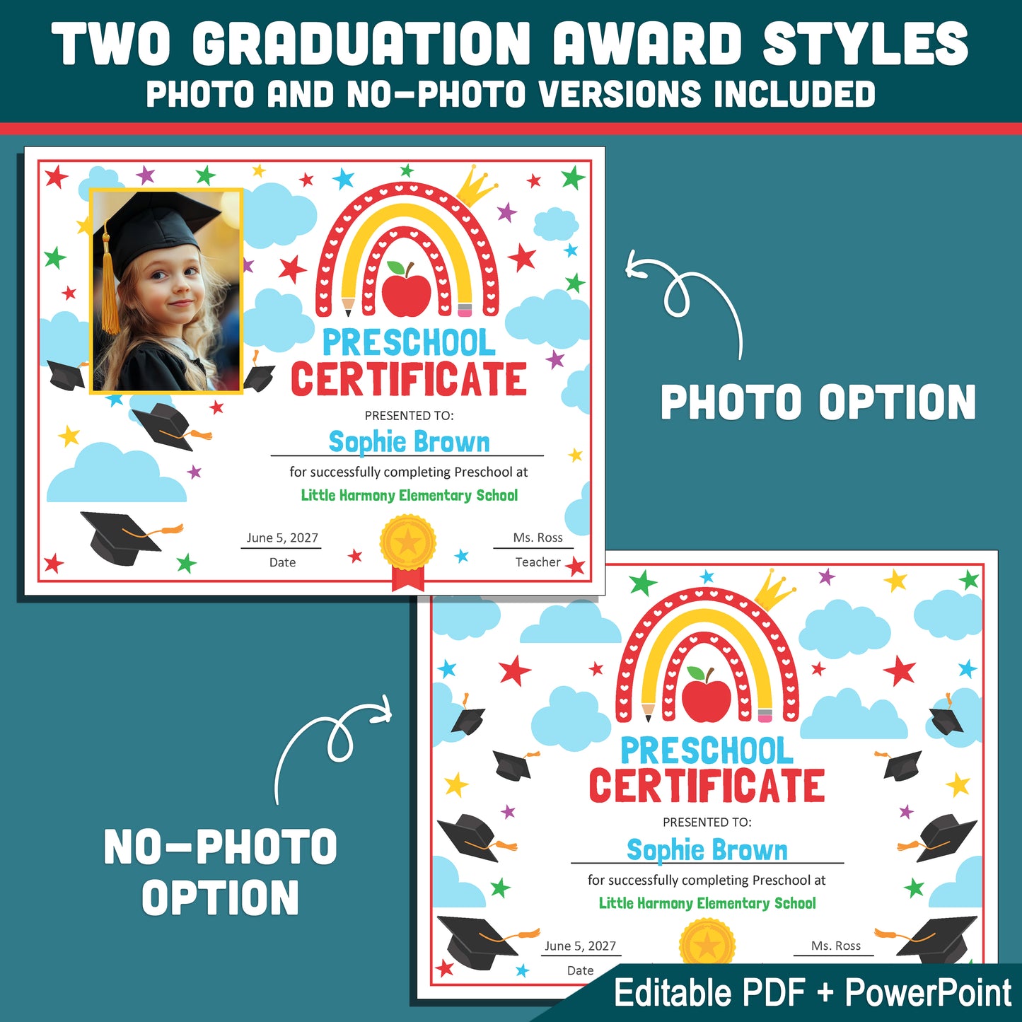 Editable Awards and Certificates, Graduation Set for Preschool & Beyond, Any Grade Diploma or Certificate Template, With and Without Photo, PDF PowerPoint