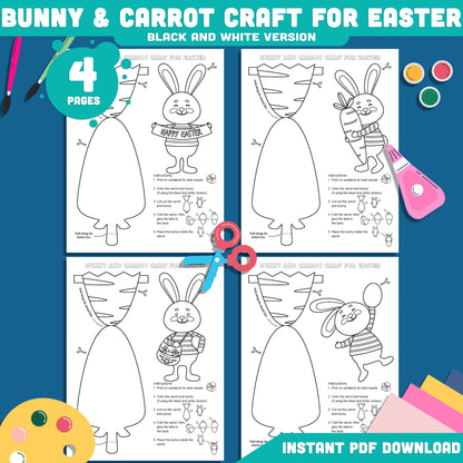 Paper Bunny and Carrot Craft for Easter, Bunny in a Carrot Craft Activity Printable, Spring Cut and Glue Craft Template, 4 Designs, 300 DPI PDF