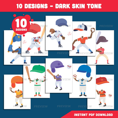 Baseball Player Body Templates, Add Your Own Face Craft for Kids, Baseball Photo Insert Activity, 20 Designs Light & Dark Skin Tone, Coloring Version Included