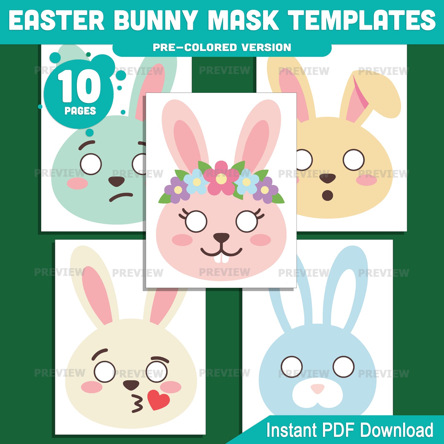 Easter Bunny Mask Templates – Printable Rabbit Mask Craft for Kids, Thick Line Art, Pre-Colored & Black and White, 20 Pages, PDF