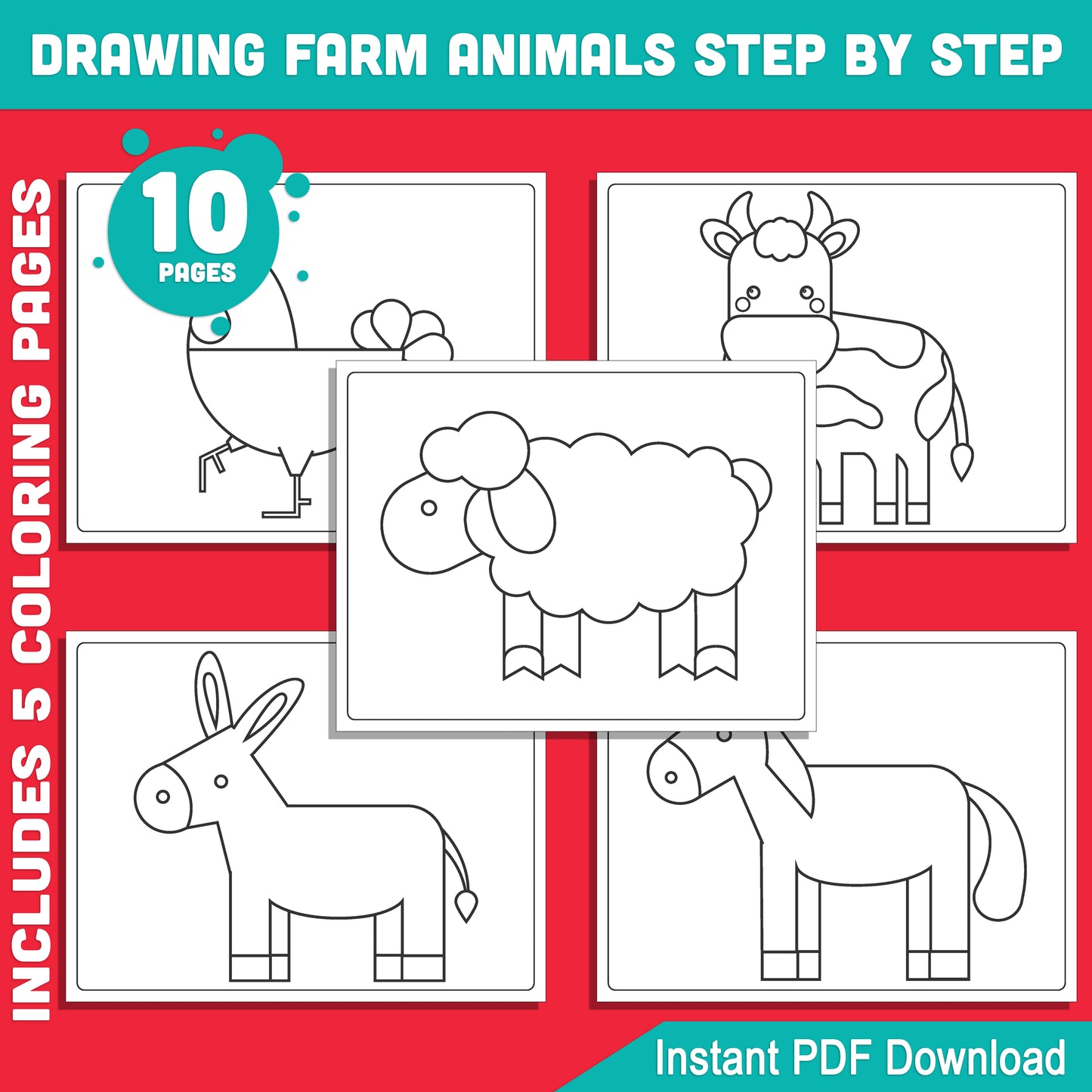 Easy Farm Animal Drawing Tutorials: Learn to Draw Donkey, Sheep, Horse, Cow, Hen with 5 Guided Steps & Coloring Pages - Instant Download