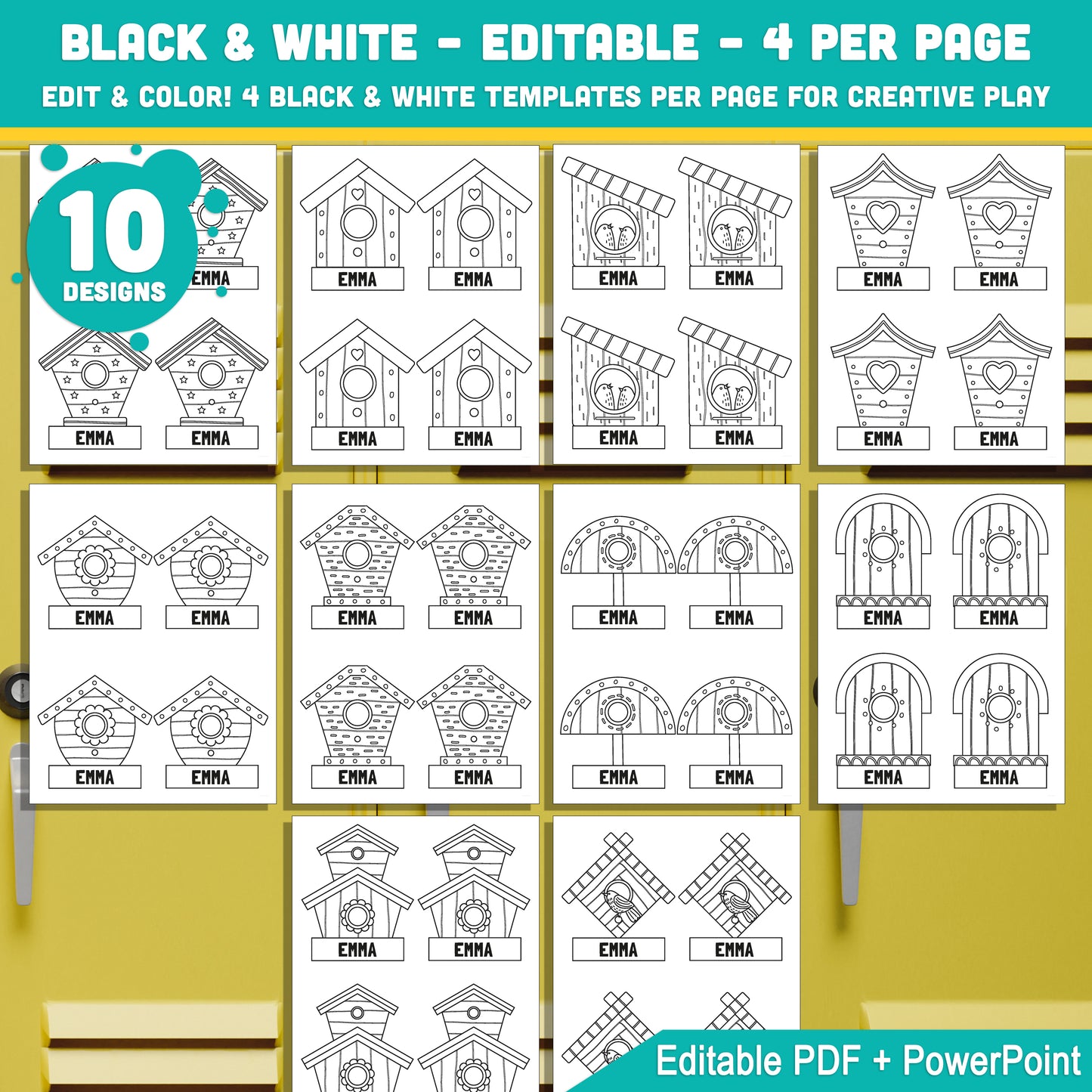 Editable Locker Labels (Cubby Name Tags), Birdhouse Themed, 40 Pages, Pre-Colored + Black & White, PDF + PowerPoint, Instant Download, Back to School Craft