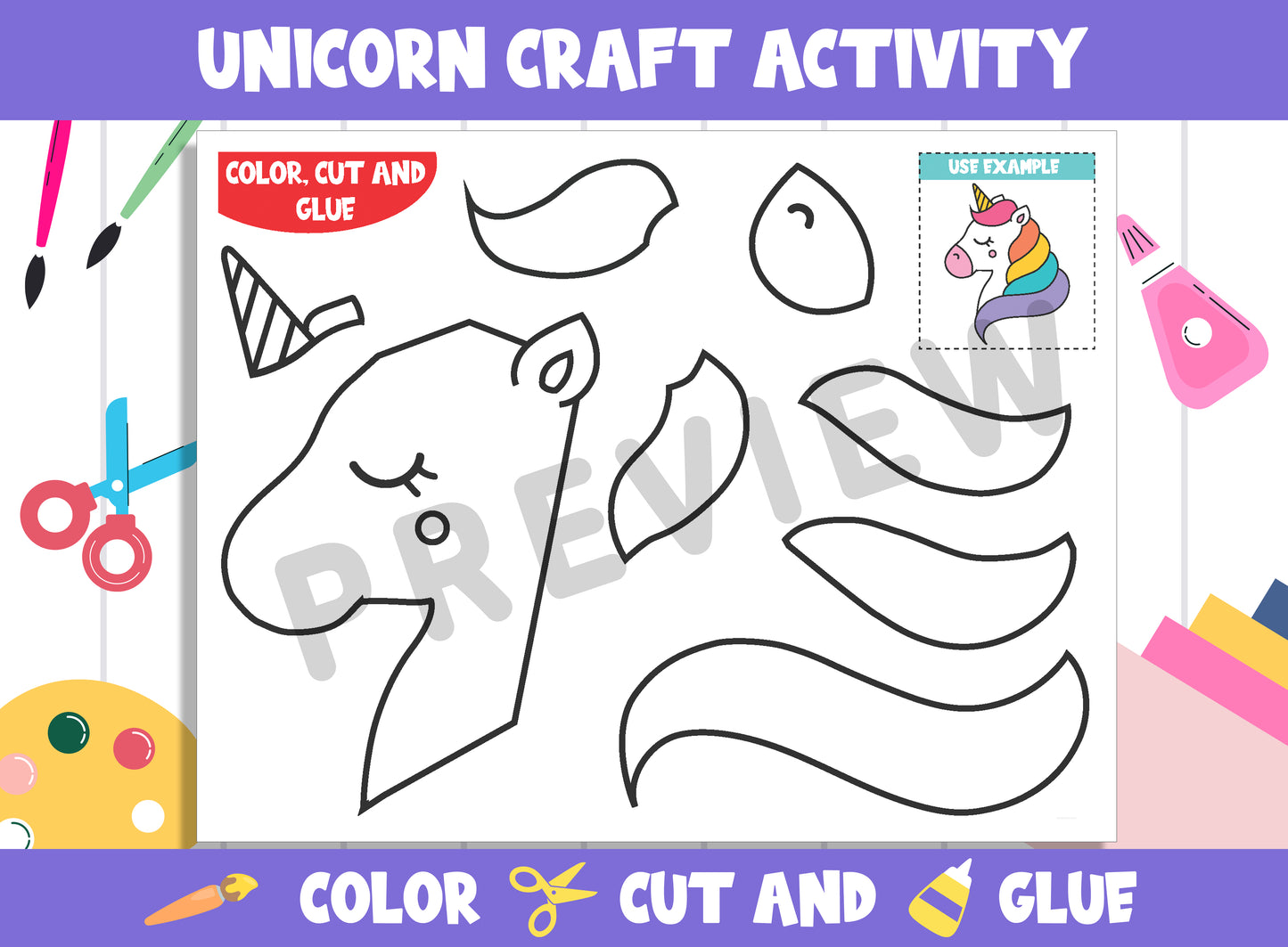 Unicorn Craft Activity : Color, Cut, and Glue for PreK to 2nd Grade, PDF File, Instant Download