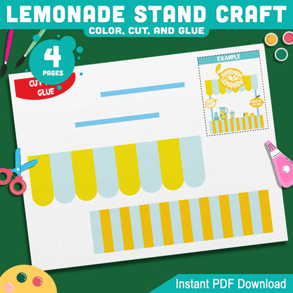 Lemonade Stand Craft, Summer Activity, Cut and Paste Printable, Seasonal Kids Project, Coloring Build Activity, Letter & A4 PDF