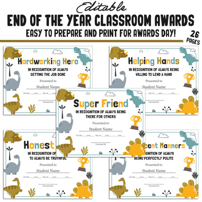 Customizable End-of-Year Awards for Preschool or Kindergarten – 26-Page PDF with Adorable Dinosaur Theme – Instant Download