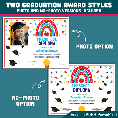 Editable Preschool Graduation Diploma Templates, Printable Student Keepsakes, PDF and PowerPoint, Pre-K to 8th & Beyond