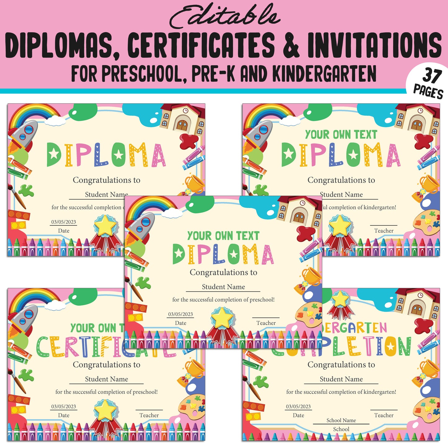 Editable Preschool, Pre-K, and Kindergarten Diplomas, Certificates, and Invitations – 37 Customizable PDF Pages, Instant Download