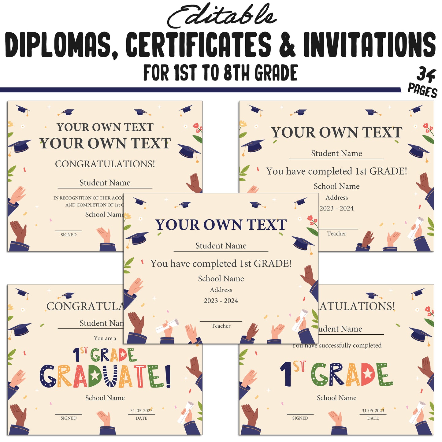 34 Editable/Printable First Grade Diplomas, 1st-8th Grade Certificates, Diplomas & Invitation Templates, Graduation-Themed, PDF