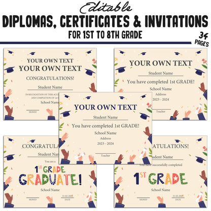 34 Editable/Printable First Grade Diplomas, 1st-8th Grade Certificates, Diplomas & Invitation Templates, Graduation-Themed, PDF