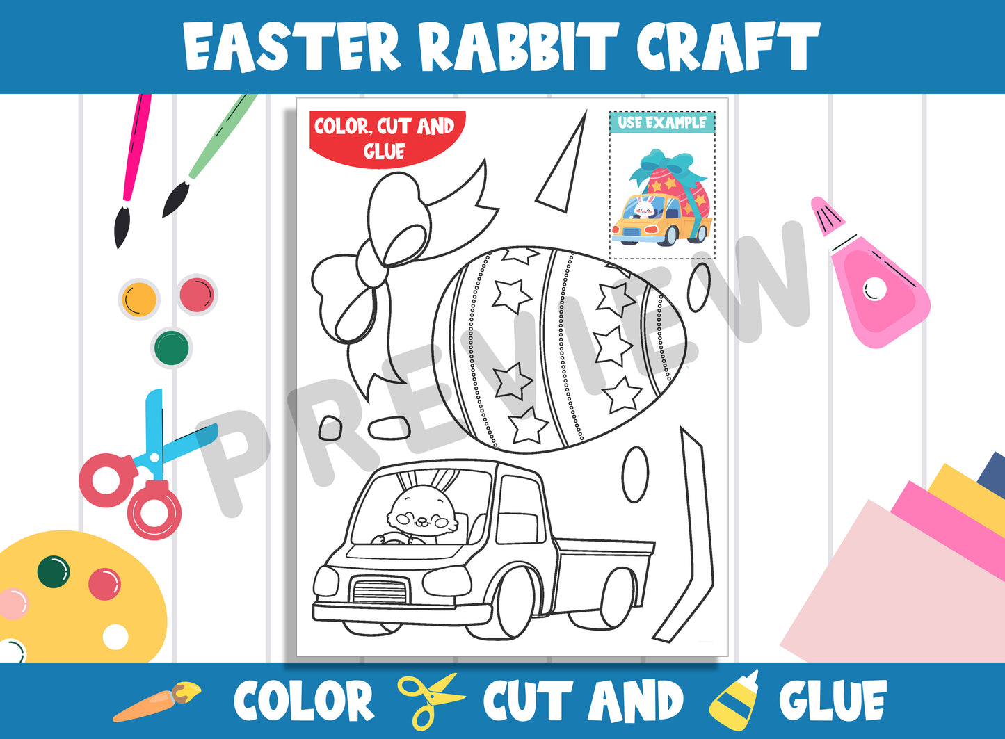 Printable Easter Rabbit Craft Activity - Color, Cut, and Glue for PreK to 2nd Grade, PDF File, Instant Download