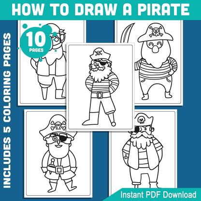 Pirate Drawing Tutorial for Kids: 6 Steps with 5 Coloring Pages, Engaging Art Activity, Perfect for Creative Kids Who Love Pirates, Instant PDF Download