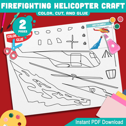 Firefighting Helicopter Craft: Interactive Color, Cut, and Glue Project for Kids, Perfect for School Art Activities and Imaginative Play, PDF Instant Download