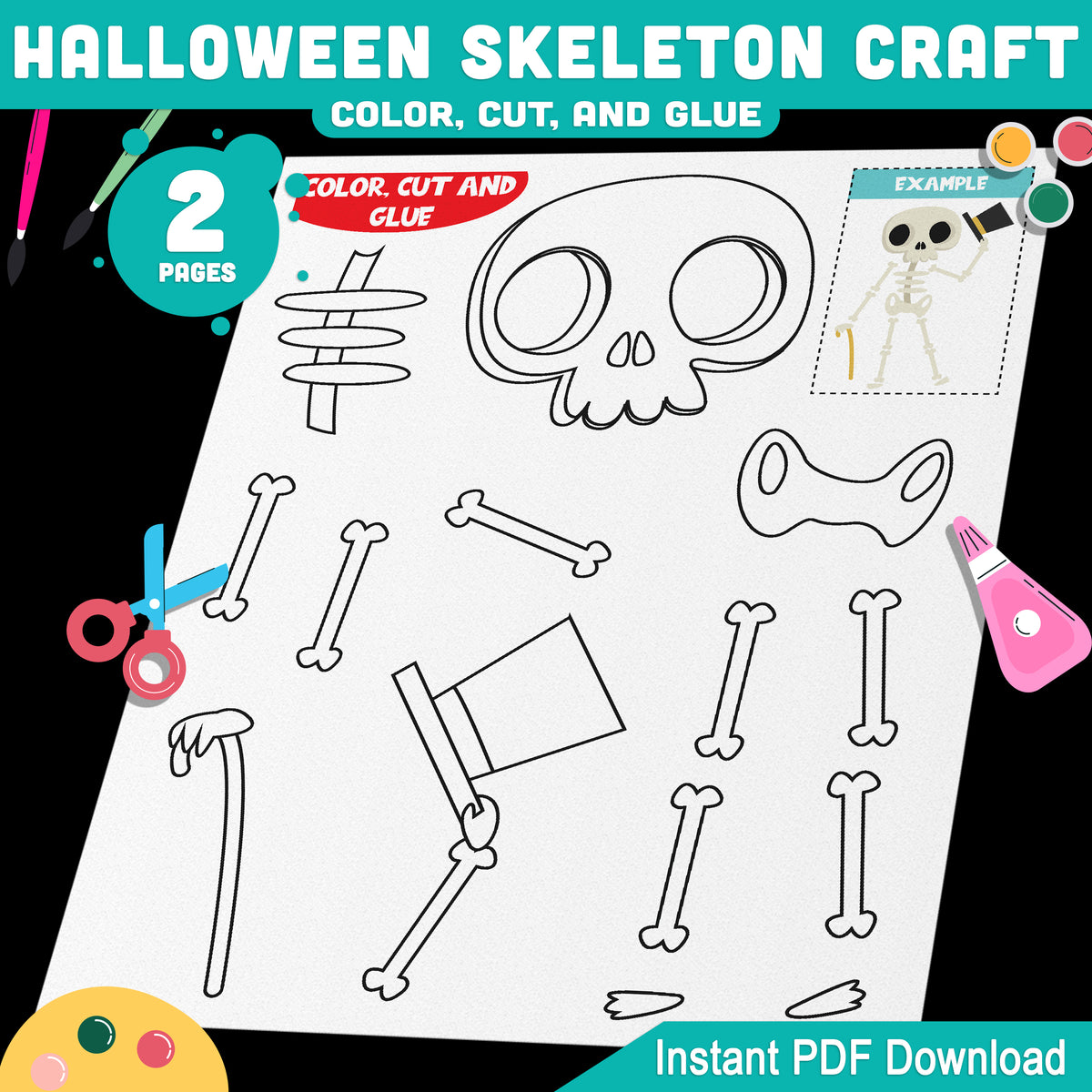 Halloween Skeleton Craft, Build a Skeleton, Spooky Cut and Glue Activity, Pre-Colored & Black and White, US Letter & A4
