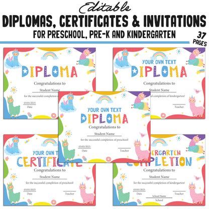 37 Editable Kindergarten Diploma Template, Pre-K, Preschool Certificates of Completion, and Invitations – Instant PDF Download!