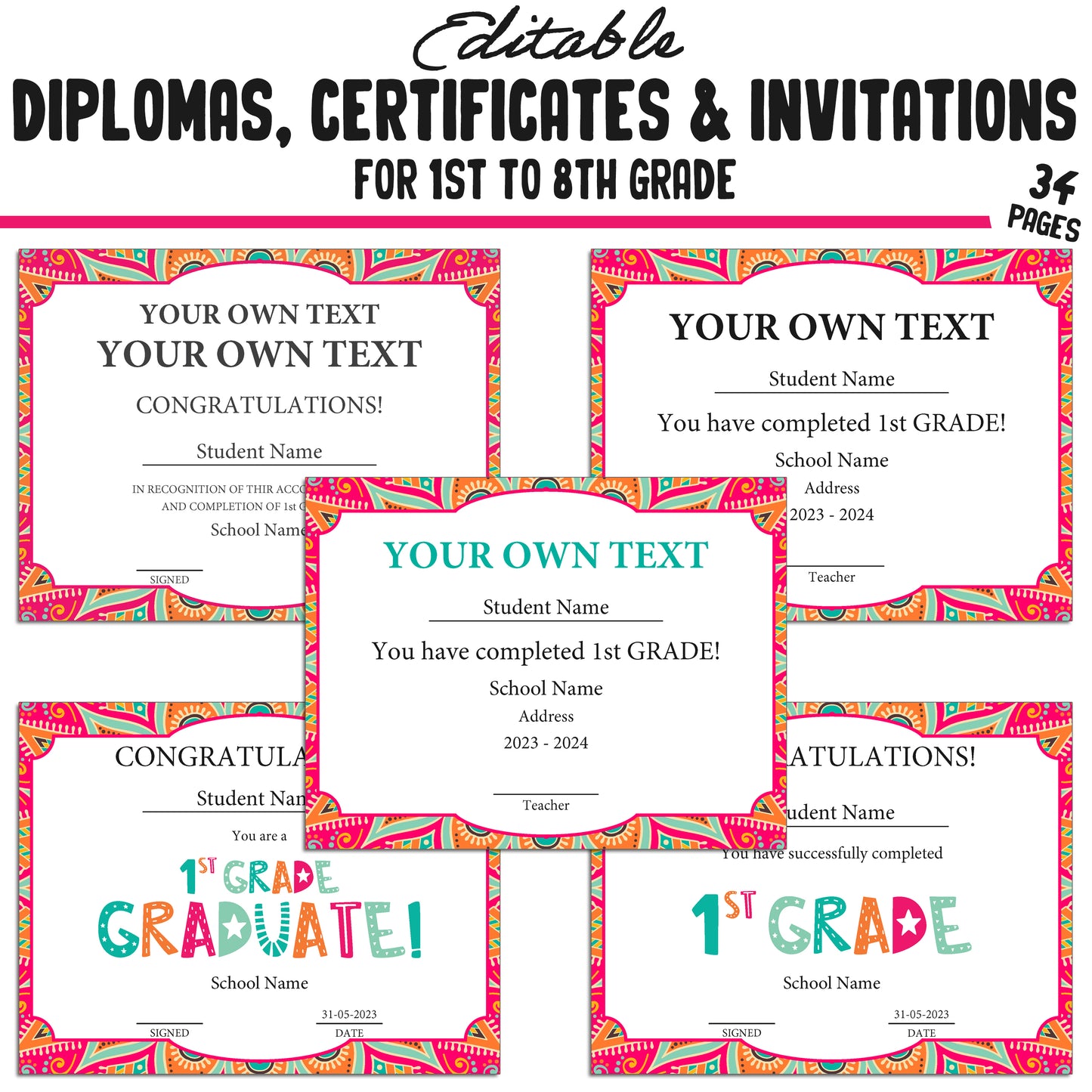 Printable 7th Grade Diplomas, Editable Certificates for 1st-8th Grades, Invitation Templates in Mandala Design, 34 Pages, Instant Download