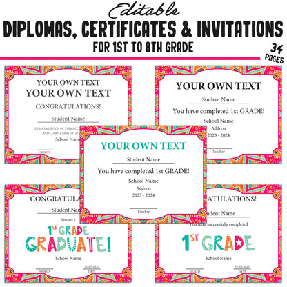 Printable 7th Grade Diplomas, Editable Certificates for 1st-8th Grades, Invitation Templates in Mandala Design, 34 Pages, Instant Download