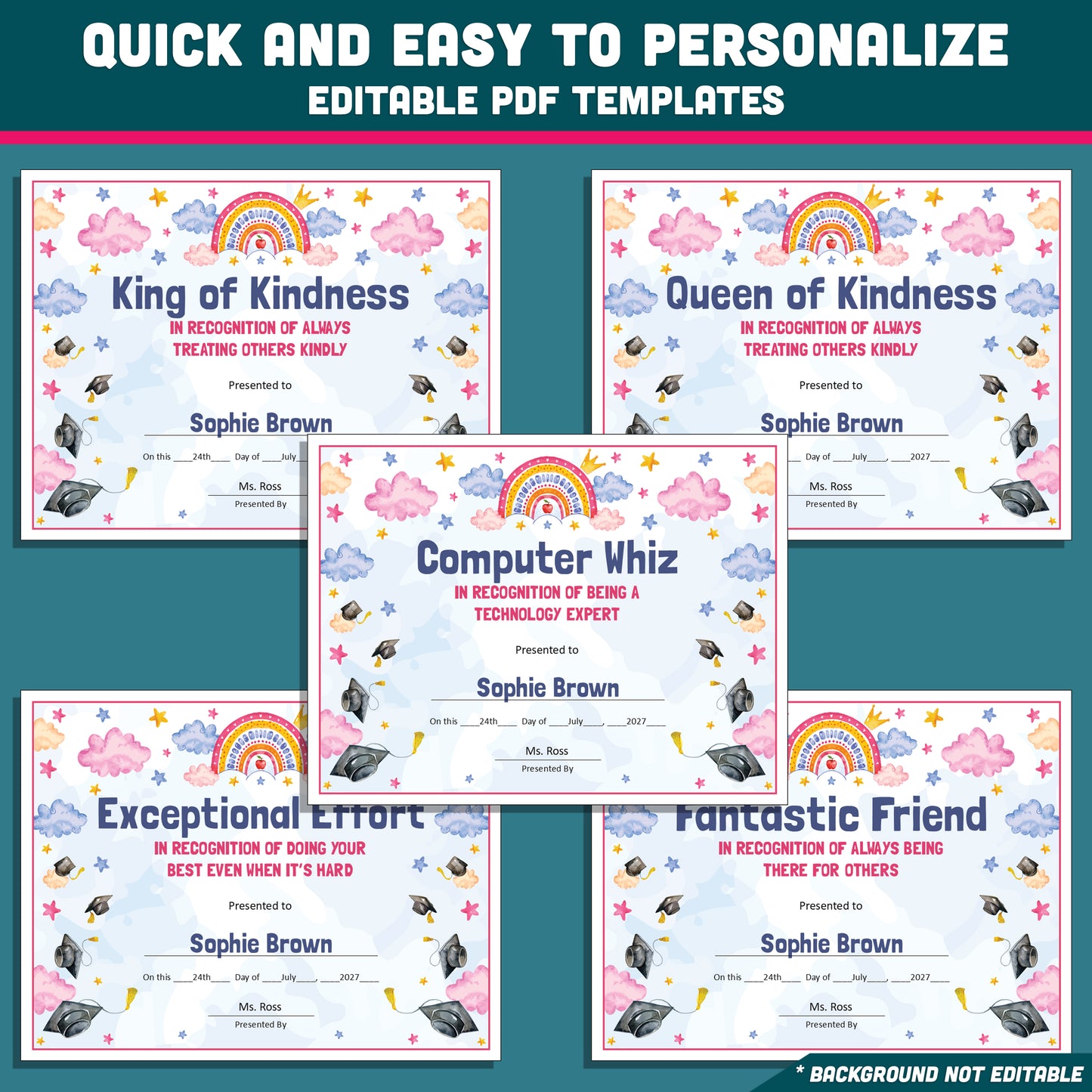 Editable End-of-Year Awards for Preschool, TK, Pre-K, Kindergarten, and 1st Grade, Printable Student Recognition Set, 26 Unique Awards
