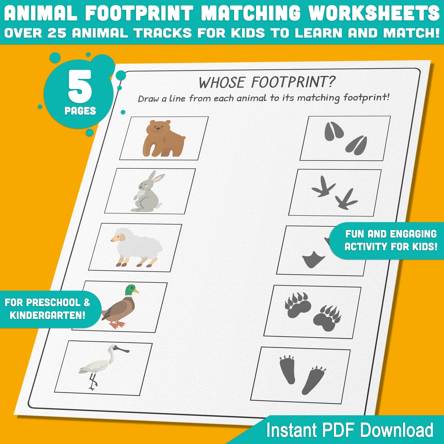 Animal Footprint Matching Fun: 5 Worksheets with 25+ Tracks for Kids to Learn and Match, Instant PDF File Download