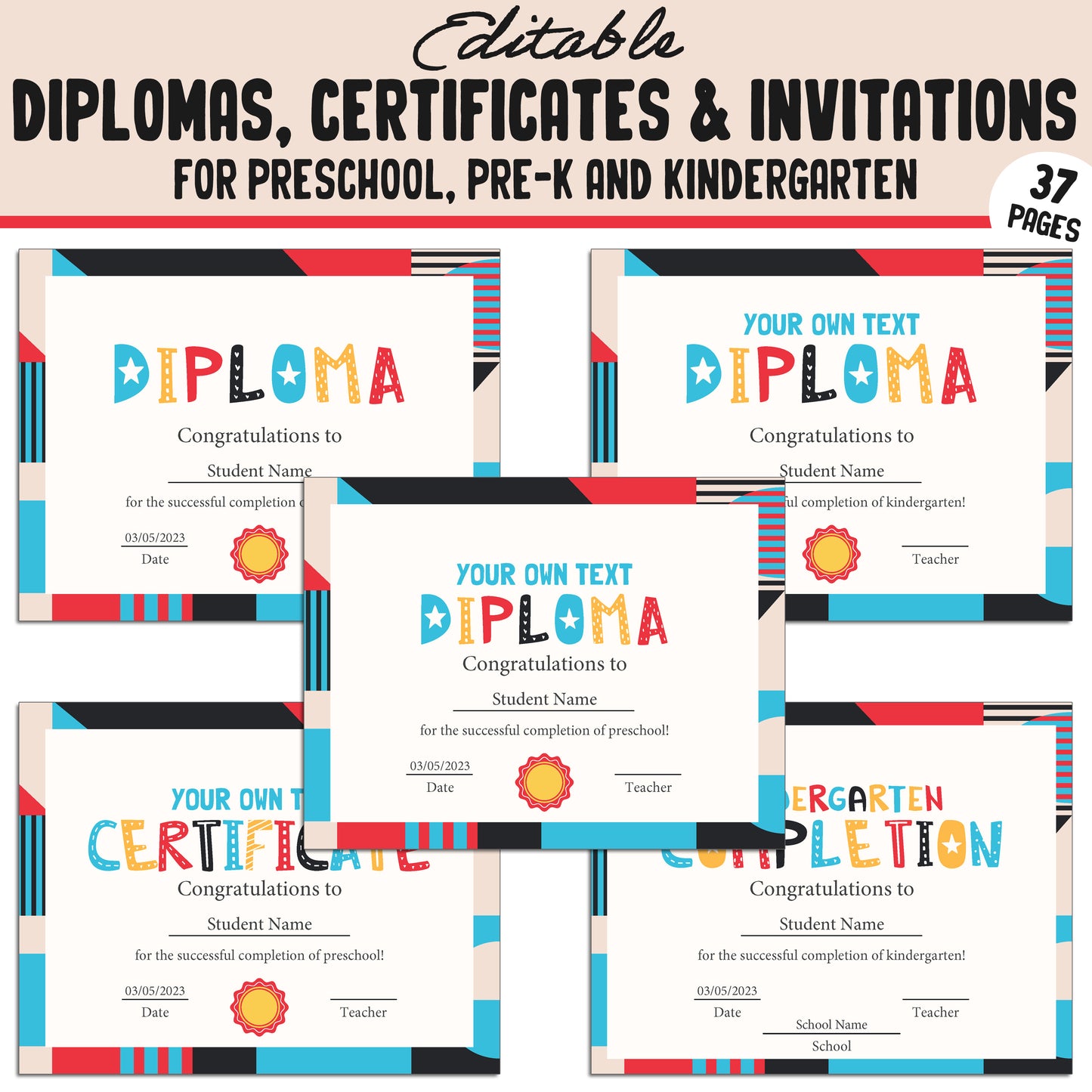 Editable End of the Year Certificates, Diplomas & Invitations for Kindergarten, PreK, Preschool, 37 Customizable PDF Pages, Instant Download