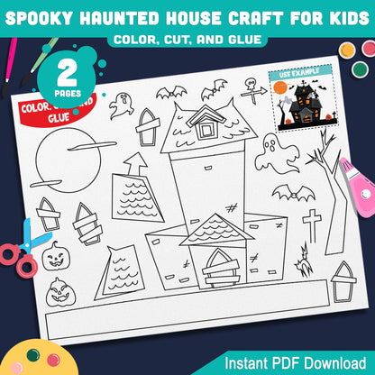 Spooky Haunted House Craft, Easy Halloween Color, Cut & Glue for Preschool, Pre-K, Kindergarten
