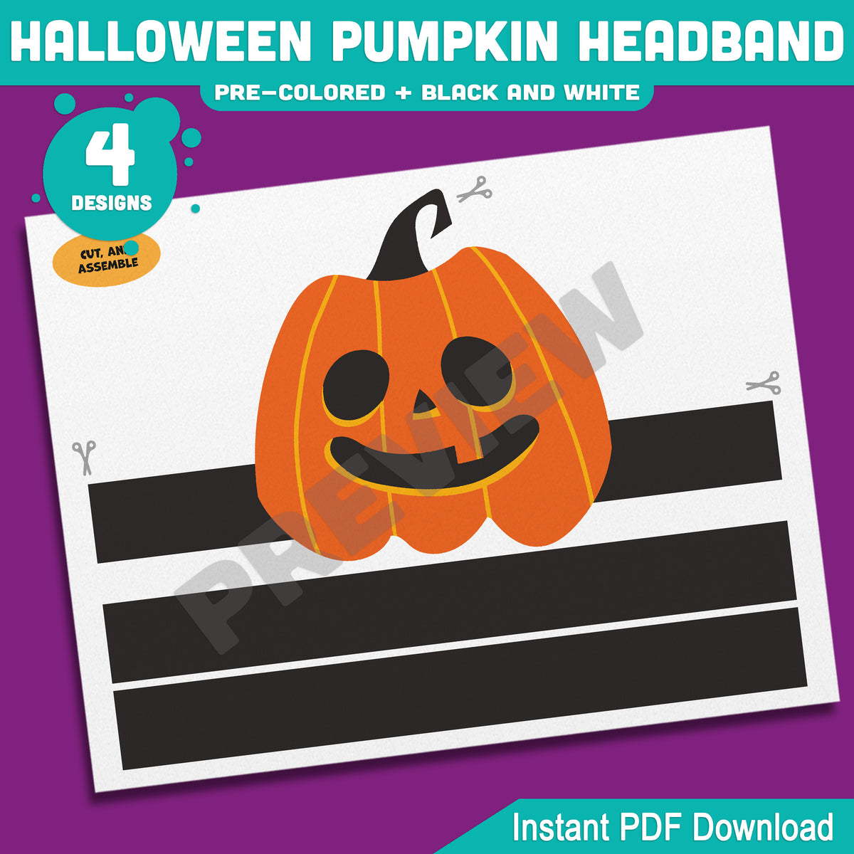 Halloween Pumpkin Headband Craft, Printable Pumpkin Hat, Autumn Paper Crown, Pre-Colored and Black & White, 4 Designs, US Letter, A4 PDF