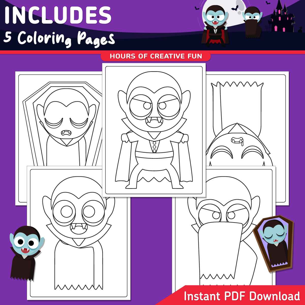 How to Draw Dracula, Halloween Directed Drawing, Step-by-Step Vampire Lesson, 6 Easy Steps, 5 Practice Pages, 5 Coloring Pages, PDF Download